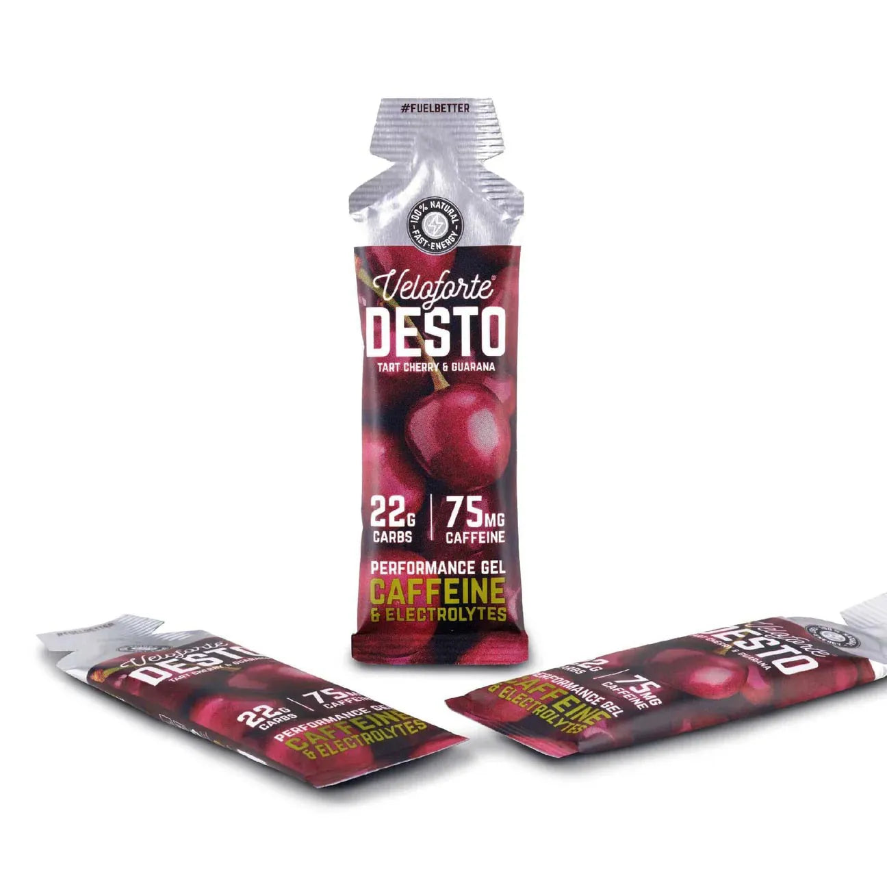 Veloforte Desto tart cherry guarana energy gel sachets with caffeine and electrolytes