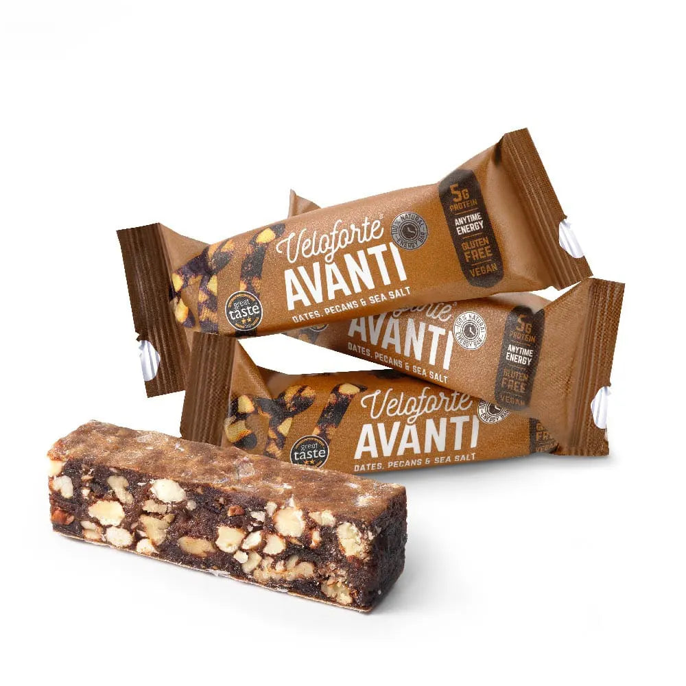 Veloforte Avanti energy bars with dates, pecans, sea salt in brown packaging