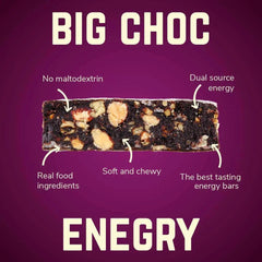 Veloforte Ciocco energy bar with nuts, chocolate, and text on a purple background highlighting features.