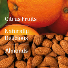 Close-up of fresh oranges and whole almonds with text highlighting citrus fruits and almonds