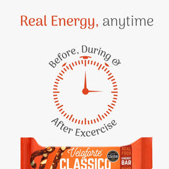 Veloforte Classico energy bar with real energy slogan, clock graphic, and orange packaging