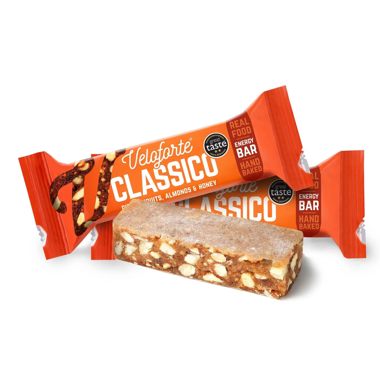 Veloforte Classico natural energy bar with nuts and orange packaging on white background