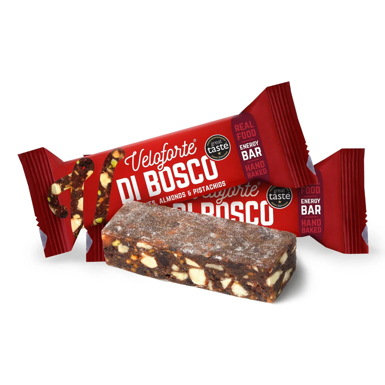 Veloforte Di Bosco energy bar with visible nuts and fruit, red packaging on white background