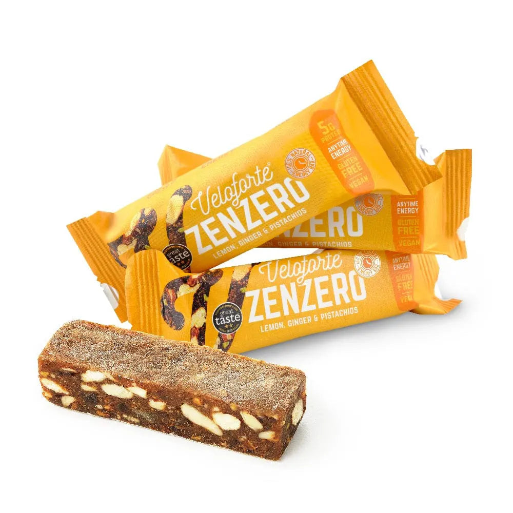 Veloforte Zenzero energy bar with lemon, ginger, pistachios in yellow packaging