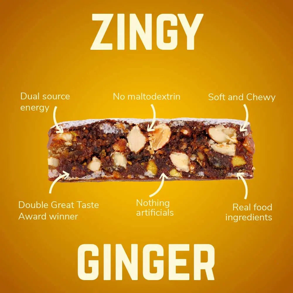 Veloforte Zenzero ginger energy bar with visible nuts and fruit, labeled features, orange background.