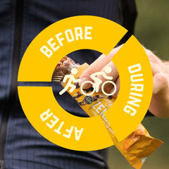 Veloforte Zenzero energy bar in hand, sport icons and before, during, after text overlayed