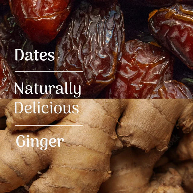 Close-up of fresh dates and ginger with text: Dates, Naturally Delicious, Ginger.