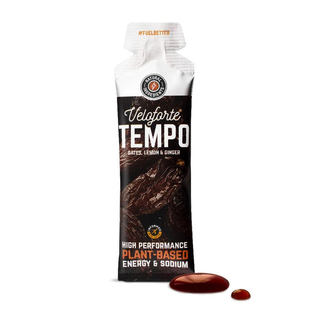 Veloforte Tempo plant-based energy gel sachet with gel on white background