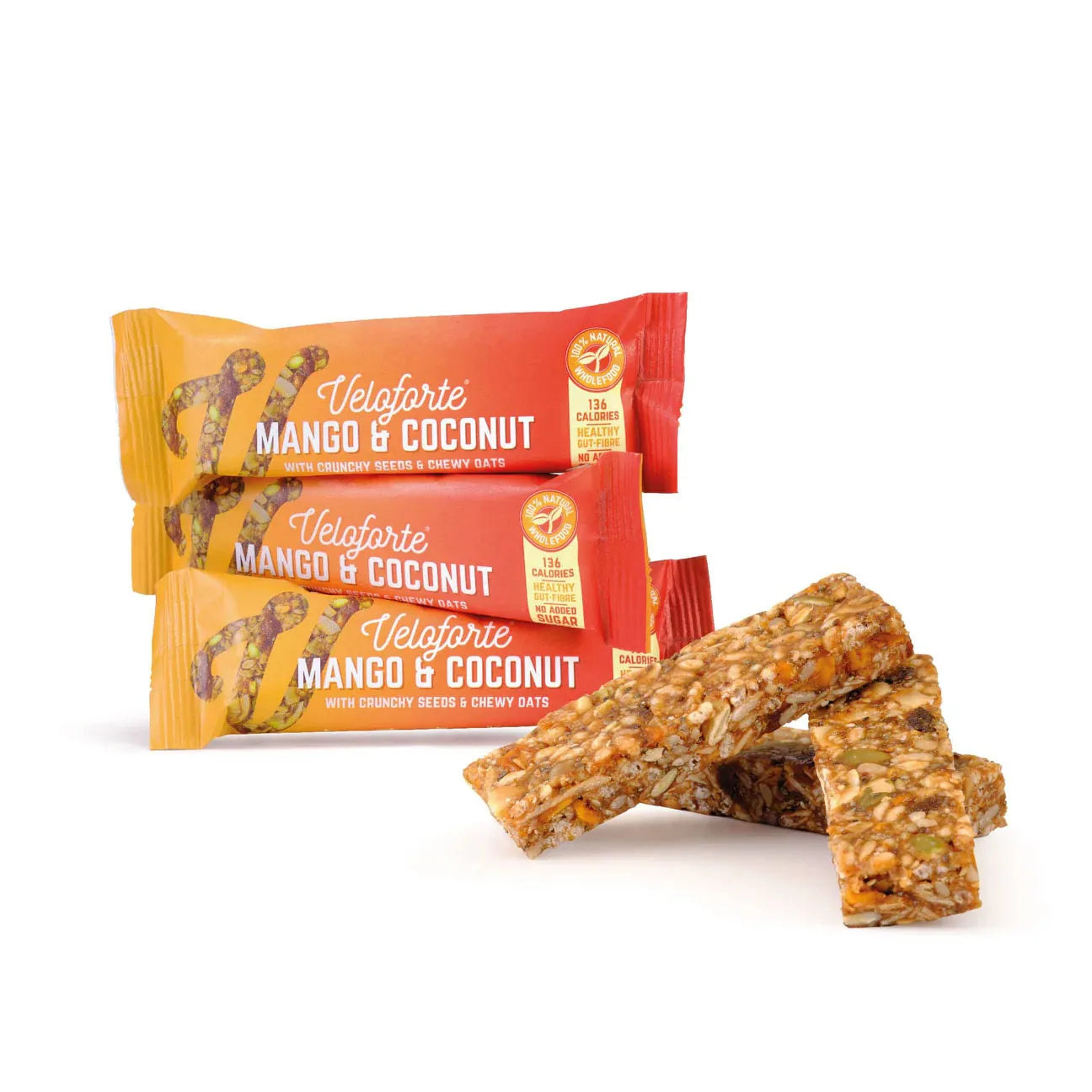 Veloforte Mango & Coconut energy bars with seeds and oats on white background