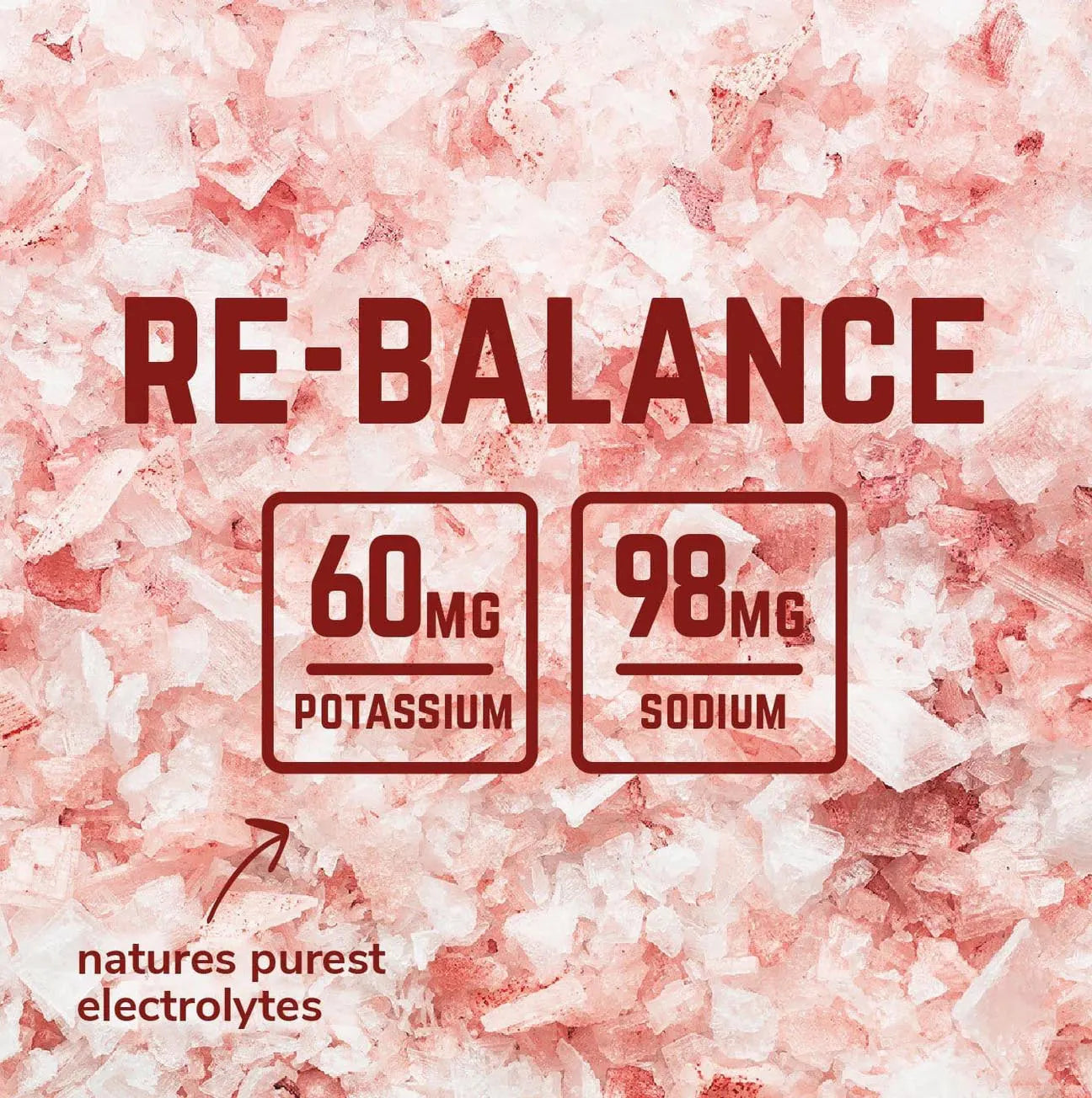 Pink salt crystals with text showing 60mg potassium, 98mg sodium, nature’s purest electrolytes.