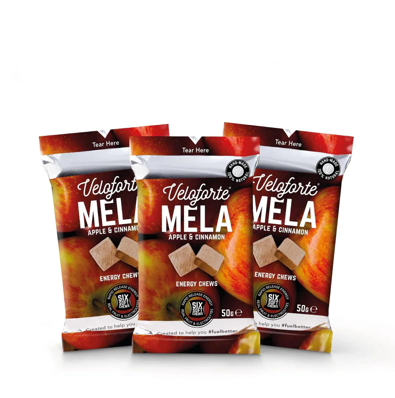 Veloforte Mela apple and cinnamon energy chews in colorful packaging, three packs front view