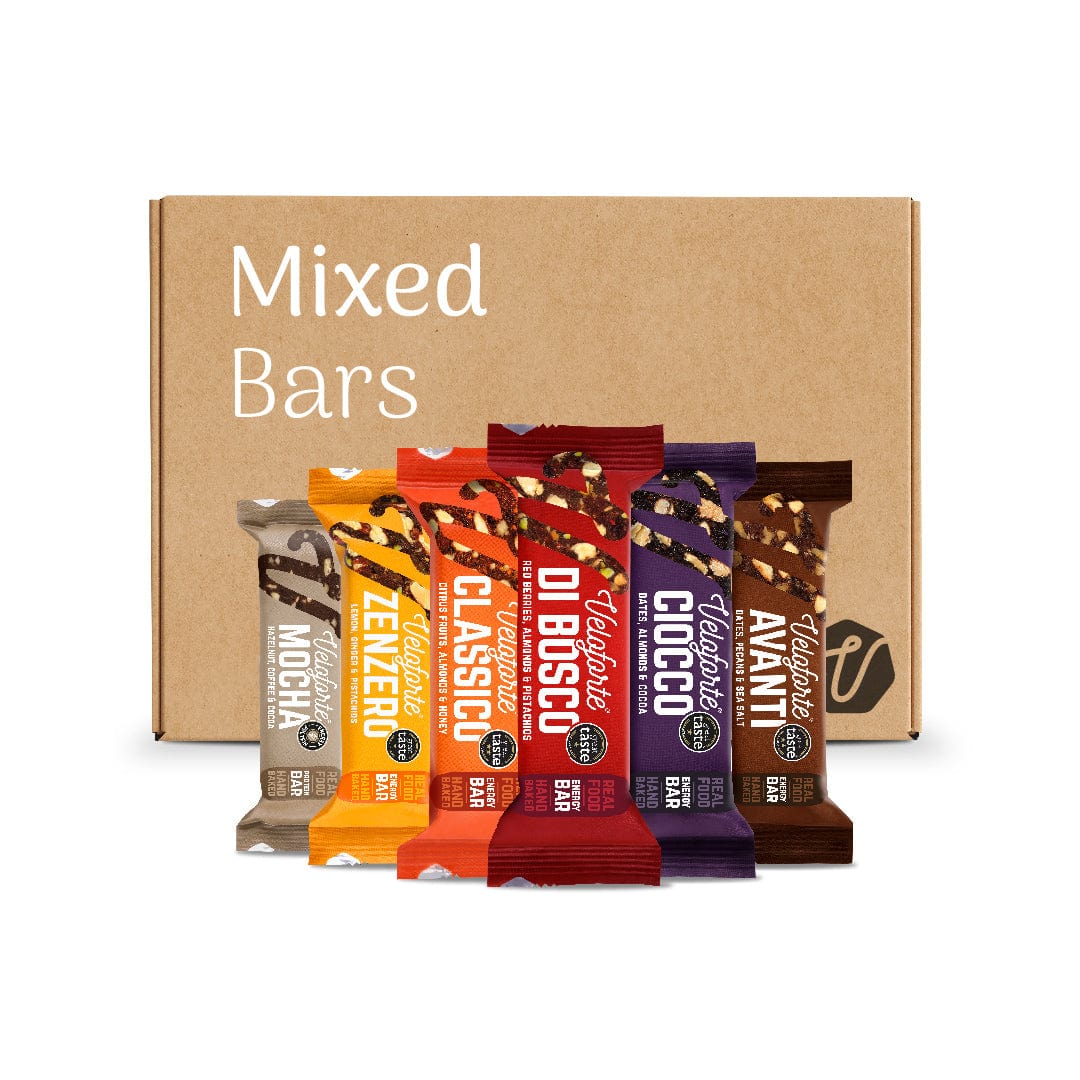 Veloforte energy bars in Classico, Avanti, Zenzero, Di Bosco, Mocha and Ciocco flavours