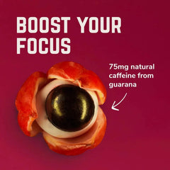 Guarana fruit on maroon background with text boost your focus and 75mg natural caffeine