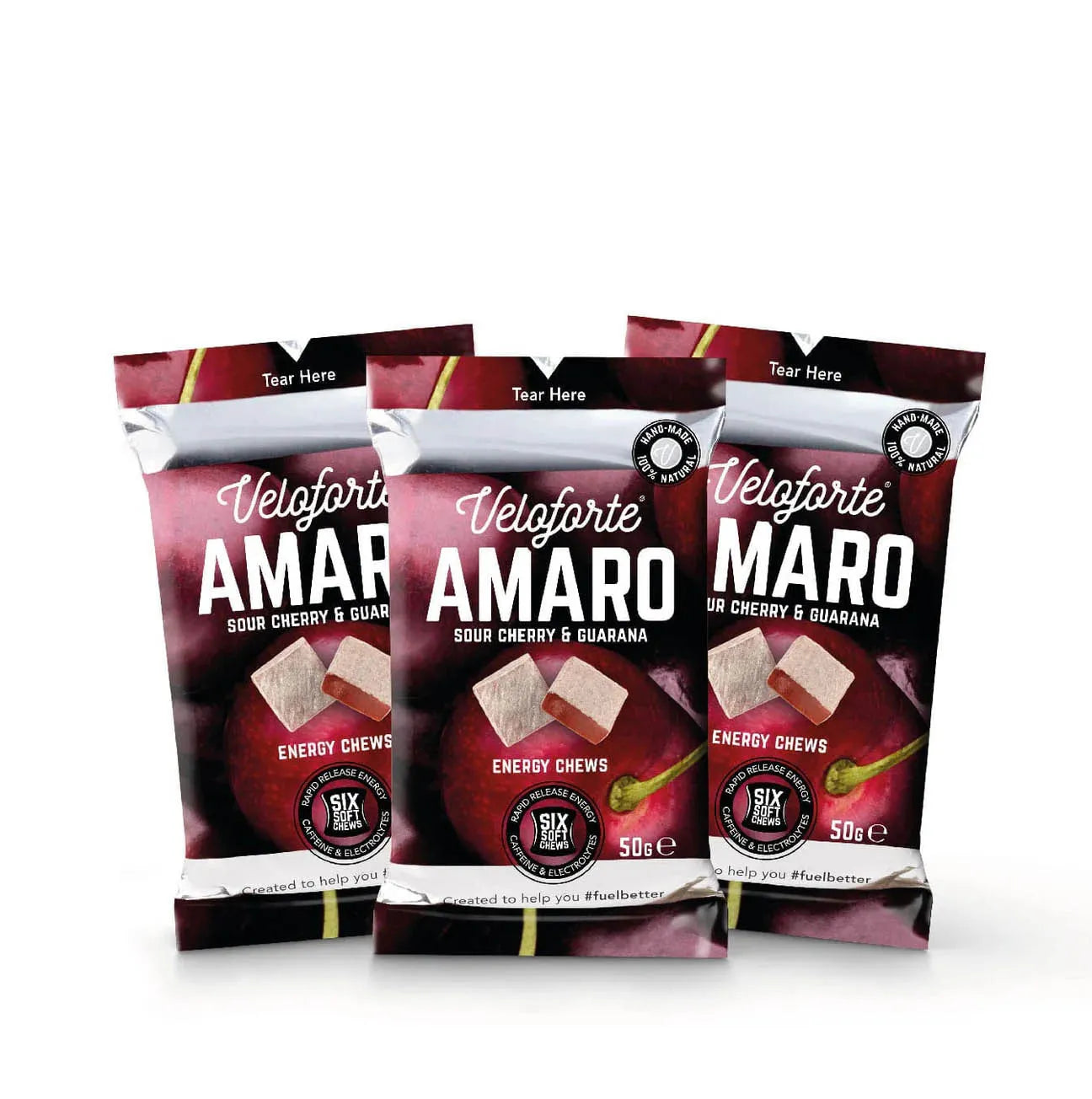 Veloforte Amaro sour cherry and guarana energy chews three packs on white background