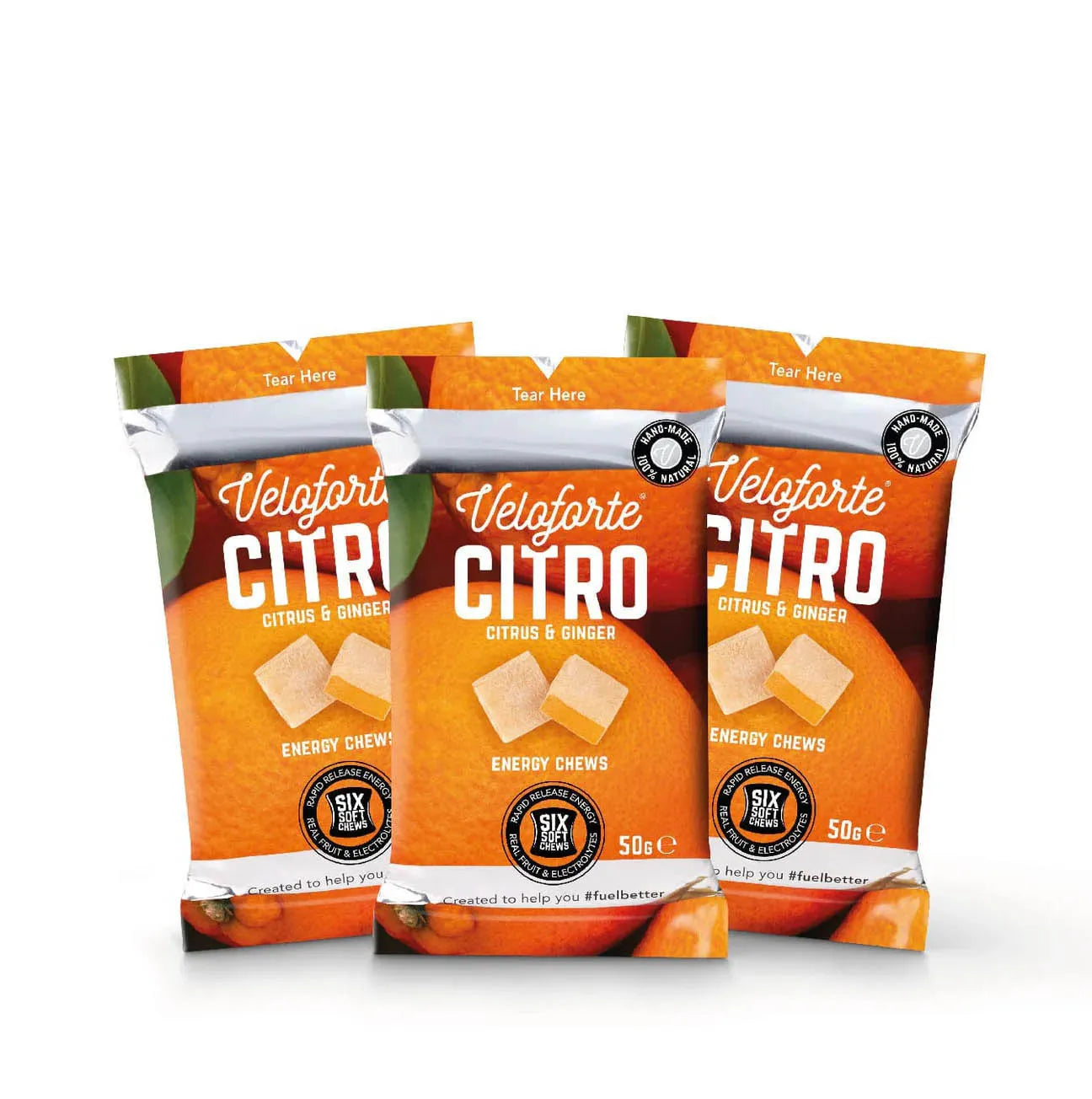 Veloforte Citro citrus and ginger energy chews packs with orange background