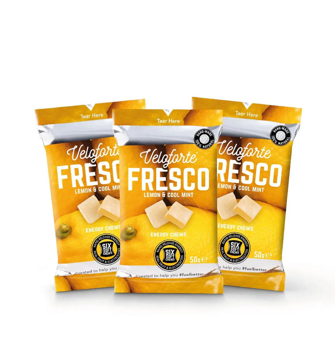 Veloforte Fresco Lemon & Cool Mint energy chews in yellow packets with lemon and mint images.