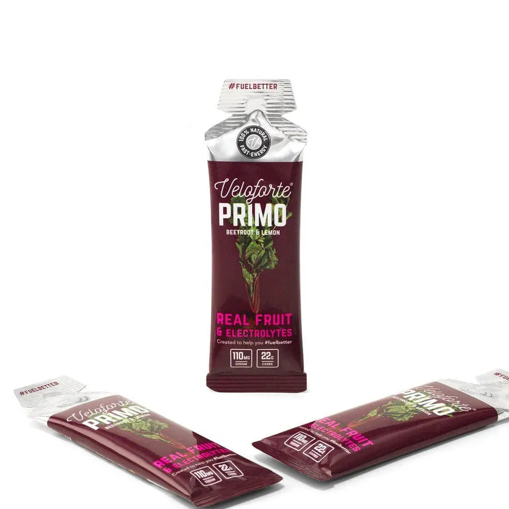 Veloforte Primo Beetroot & Lemon natural energy gel packs with real fruit and electrolytes