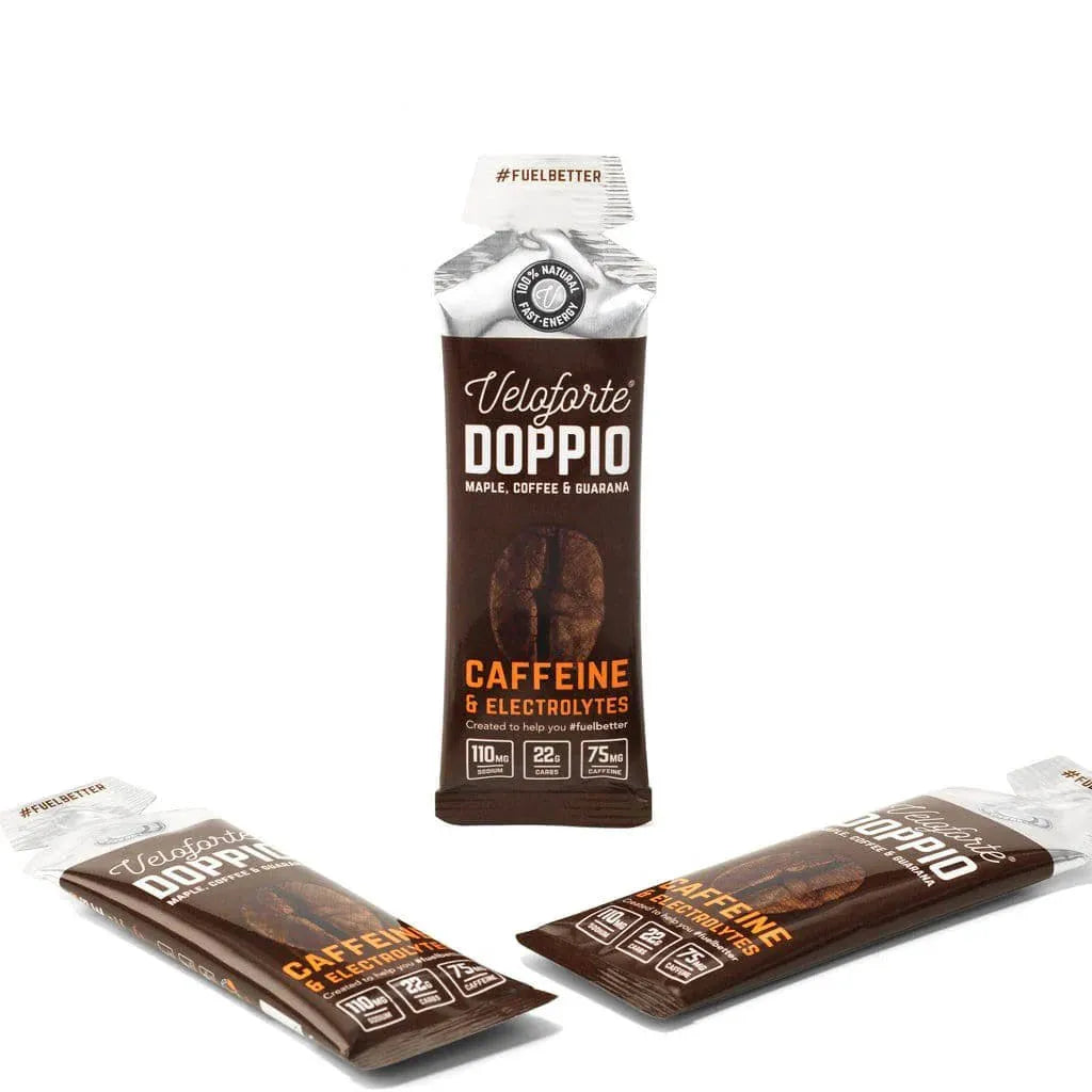 Veloforte Doppio natural caffeine energy gel with coffee and guarana on white background