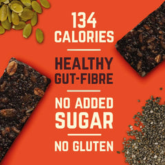 Veloforte orange cacao healthy snack bars with pumpkin seeds, chia, and nutrition facts on orange background