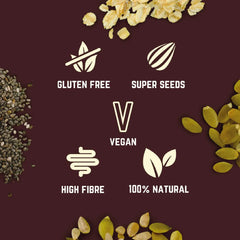 Gluten free vegan bar with super seeds, high fibre, 100% natural ingredients on dark background