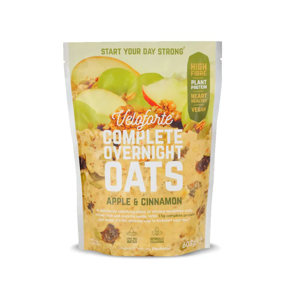 Veloforte Complete Overnight Oats Apple & Cinnamon vegan oats pouch with apple slices