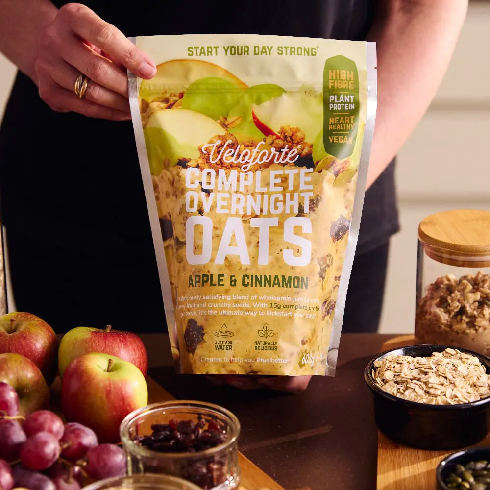 Veloforte Complete Overnight Oats Apple & Cinnamon pack with apples, oats, and dried fruit