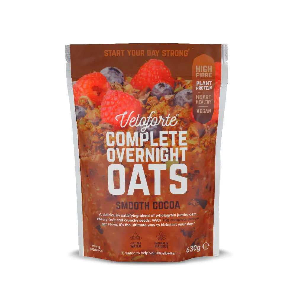 Veloforte Complete Overnight Oats Smooth Cocoa retail pack with visible berries and oats