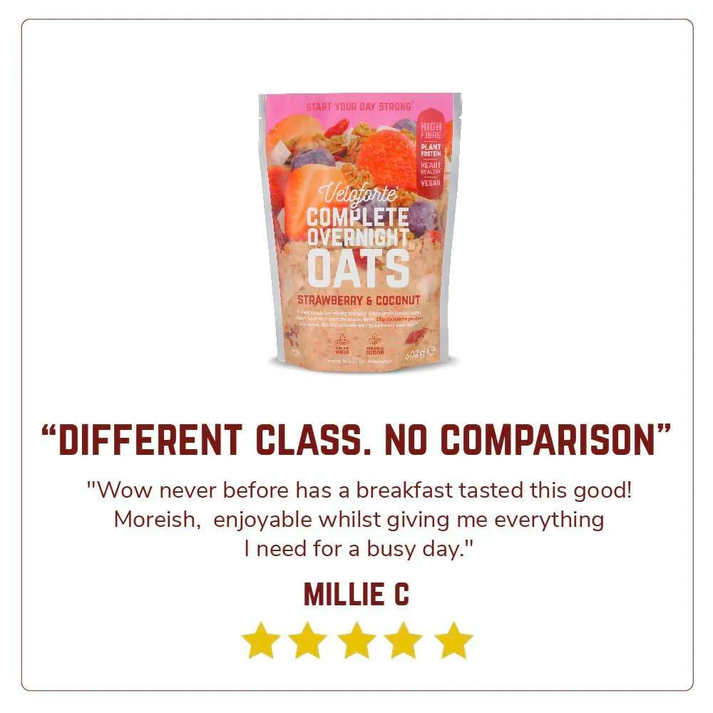 Veloforte Complete Overnight Oats Strawberry & Coconut pouch with customer review and five stars