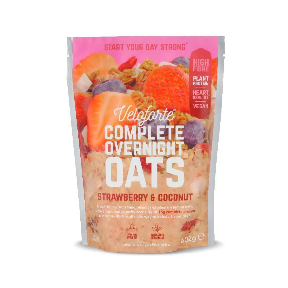 Veloforte Complete Overnight Oats strawberry and coconut flavor pouch with fruit images