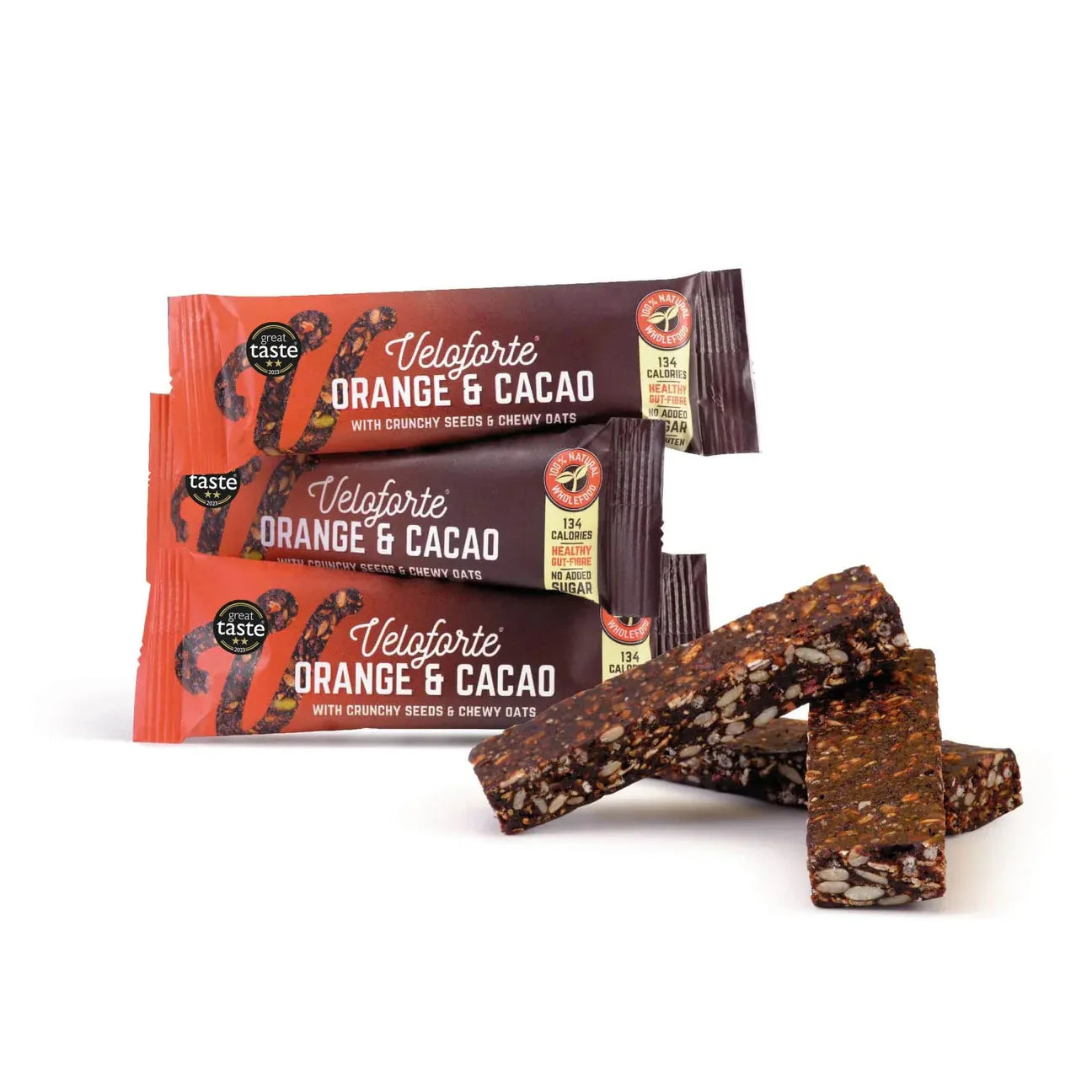 Veloforte Orange & Cacao snack bars with seeds and oats in wrappers and unwrapped on white