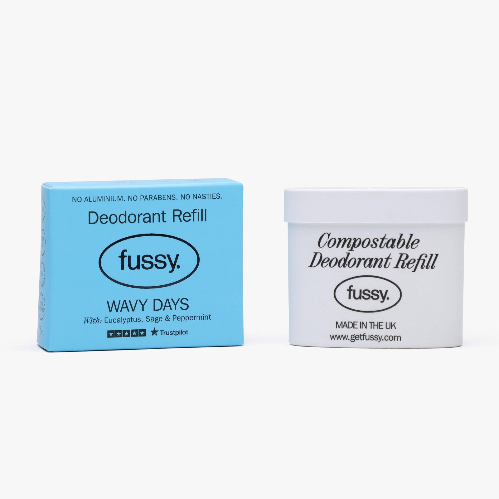 Fussy deodorant refill packaging, compostable eco-friendly Wavy Days scent, blue and white boxes