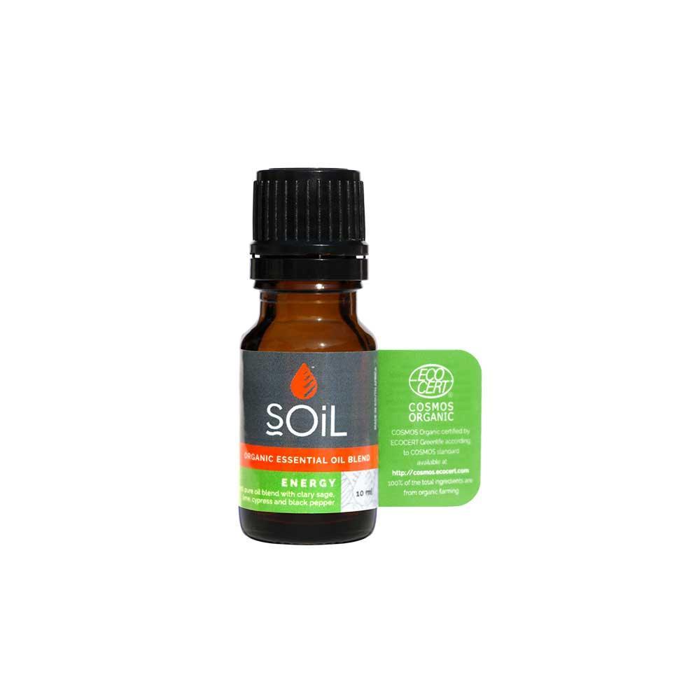 SOiL Energy organic essential oil blend bottle with black cap and green ECOCERT label