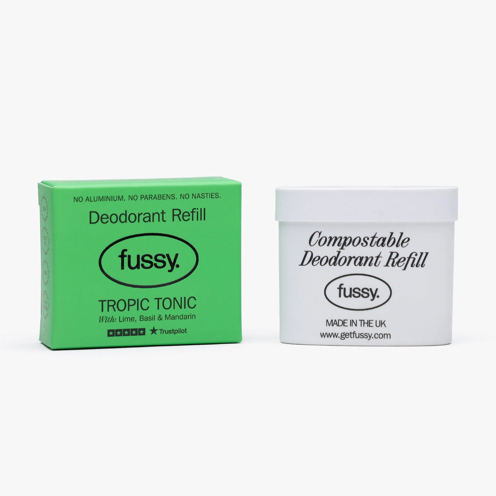 Fussy Tropic Tonic deodorant refill box and compostable deodorant refill tub side by side