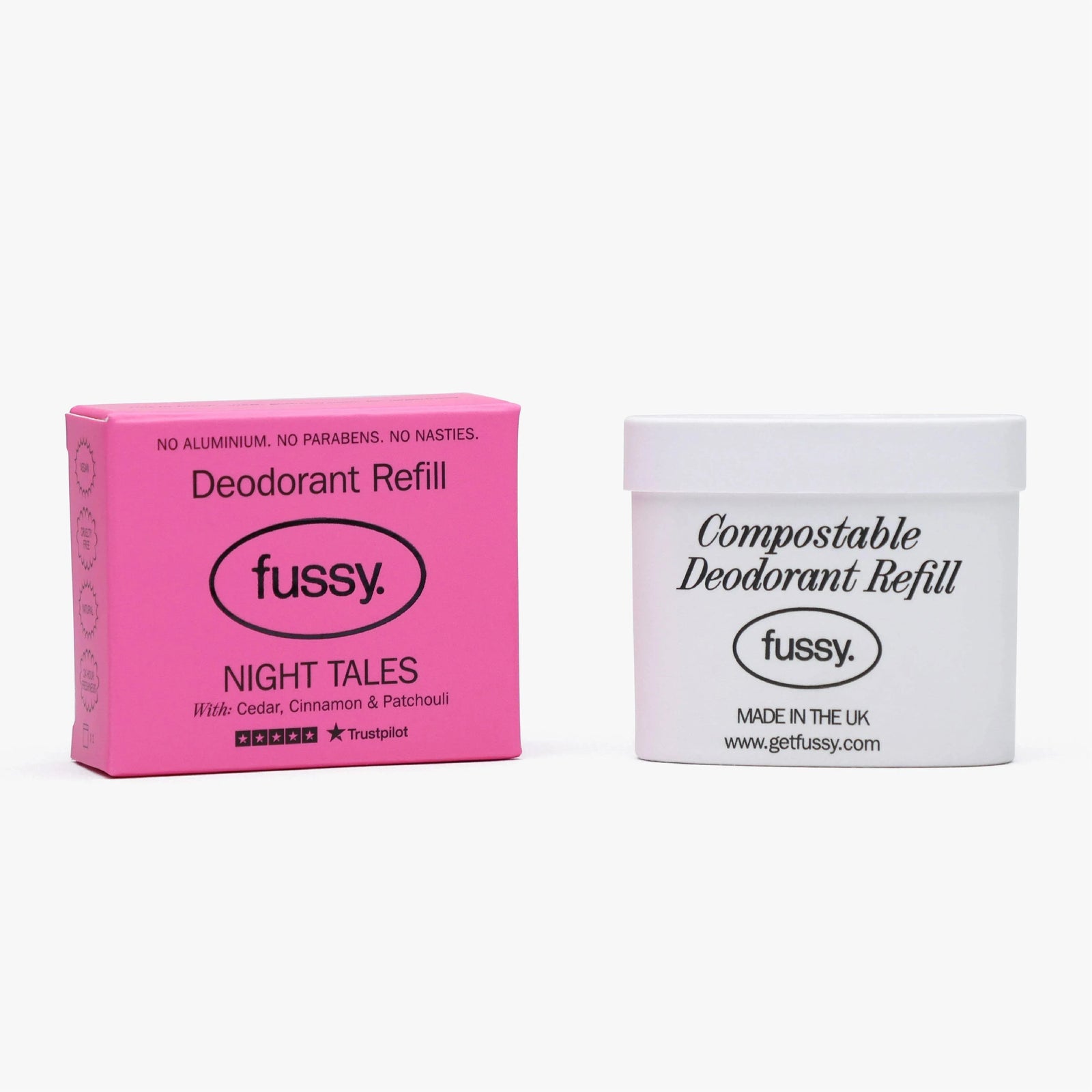 Fussy Night Tales deodorant refill in pink box and white compostable container