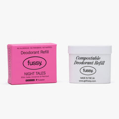 Fussy Night Tales deodorant refill in pink box and white compostable container